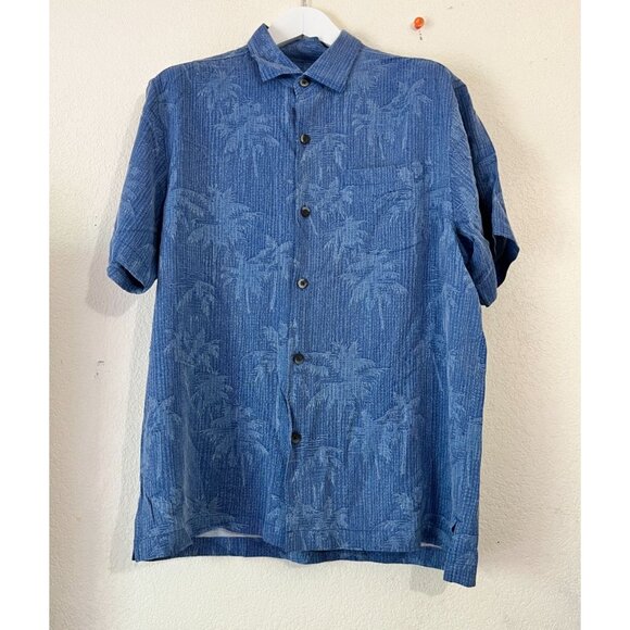Tommy Bahama Mens Blue Palm Tree Print Short Sleeve Button-Up Shirt Large Casual - Picture 1 of 11